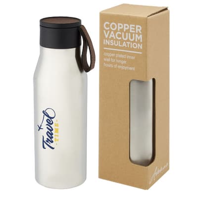 Custom Printed Ljungan 500 ml copper vacuum insulated stainless steel bottle with PU leather strap and lid