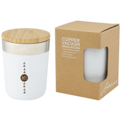 Custom Printed Lagan 330 ml copper vacuum insulated stainless steel tumbler with bamboo lid