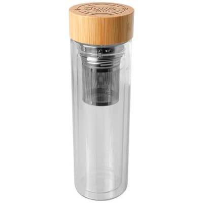 Custom Printed Bailey 400 ml borsilicate glass infuser bottle with bamboo lid