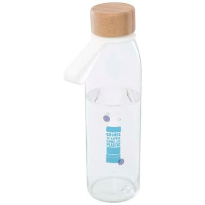 Custom Printed Porto 500 ml glass water bottle with silicone handle and bamboo lid