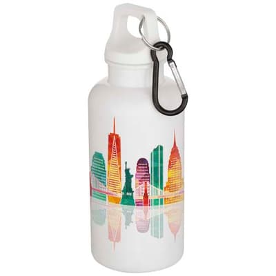 Custom Printed Oregon 400 ml solid colour RCS recycled plastic water bottle with carabiner 