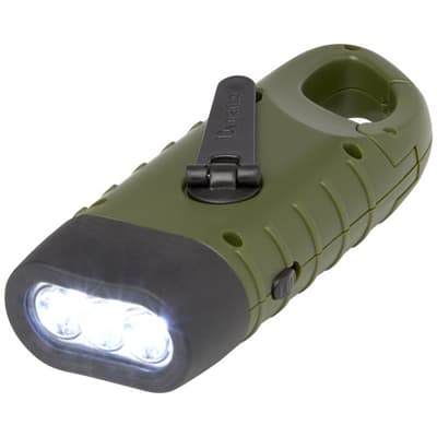 Branded Helios recycled plastic solar dynamo flashlight with carabiner