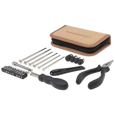 Custom Branded Spike 24-piece RCS recycled plastic tool set with cork pouch