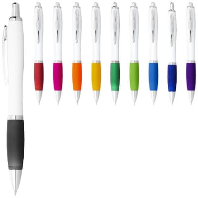 Promotional Nash ballpoint pen with white barrel and coloured grip (black ink)