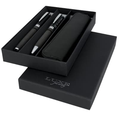 Custom Branded Carbon duo pen gift set with pouch (black ink)