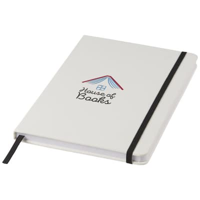 Promotional Spectrum A5 white notebook with coloured strap