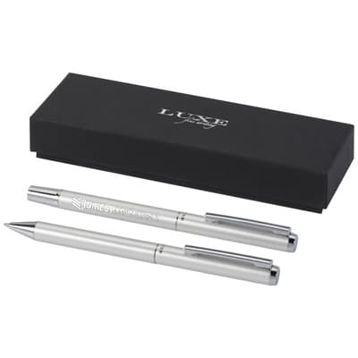 Promotional Lucetto recycled aluminium ballpoint and rollerball pen gift set (black ink)