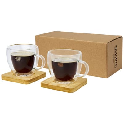 Custom Printed Manti 2-piece 100 ml double-wall glass cup with bamboo coaster