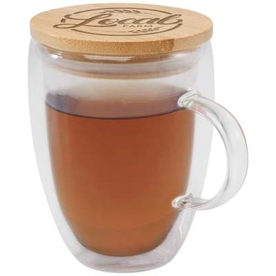 Custom Printed Leona 350 ml glass cup with bamboo lid