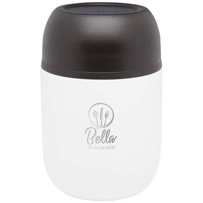 Branded Supo 480 ml double-walled recycled stainless steel lunch pot with foldable spoon