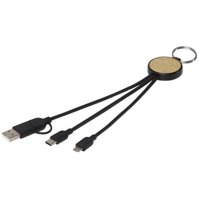 Branded Tecta 6-in-1 recycled plastic/bamboo charging cable with keyring