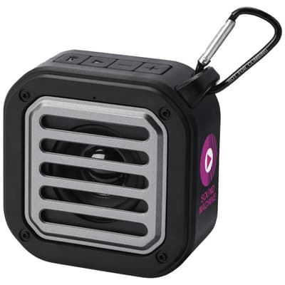Branded Solo 3W IPX5 RCS recycled plastic solar Bluetooth speaker with carabiner