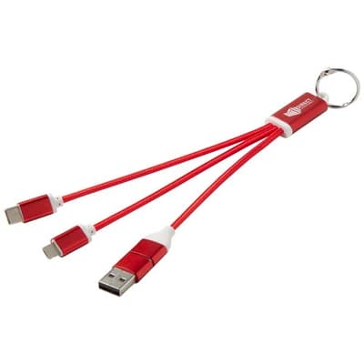 Branded Metal 4-in-1 recycled aluminium charging cable with keychain