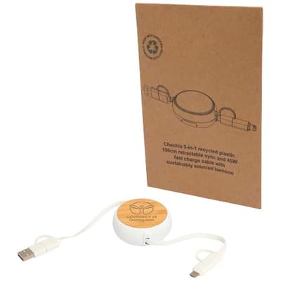 Branded Chechia 5-in-1 recycled plastic 100 cm retractable data sync and 45W fast charge cable