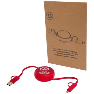 Branded Alasia 5-in-1 100 cm recycled plastic and aluminium retractable data sync and 45W fast charge cable