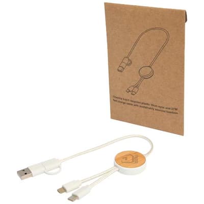 Branded Chechia 5-in-1 recycled plastic 30 cm data sync and 27W fast charge cable with bamboo details