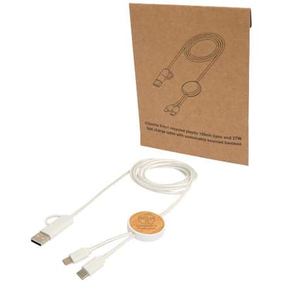 Branded Chechia 5-in-1 recycled plastic 150 cm data sync and 27W fast charge cable with bamboo details