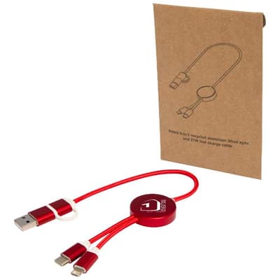 Branded Alasia 5-in-1 recycled aluminium and plastic 30 cm data sync and 27W fast charge cable
