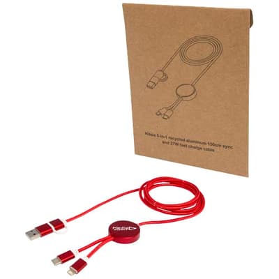 Branded Alasia 5-in-1 recycled aluminium and plastic 150 cm data sync and 27W fast charge cable