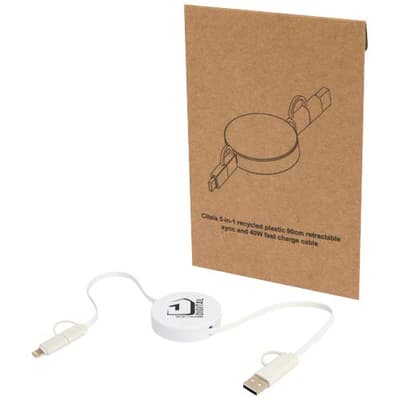 Branded Citala 5-in-1 recycled plastic 90 cm retractable data sync and 40W fast charge cable