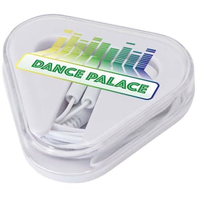 Branded Rebel earbuds with recycled plastic storage box