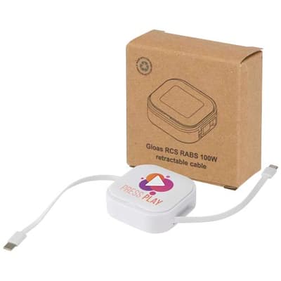 Branded Gloas 5-in-1 recycled retractable data sync and 100W fast charge cable with smartphone tool kit