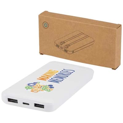 Branded Adhil 10.000 mAh 10W recycled plastic power bank with 2 built-in cables