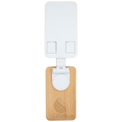Branded Alfirk recycled plastic foldeable desk phone stand with bamboo details