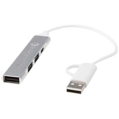 Branded Alkaid 4-port recycled aluminium USB-A and Type-C hub with dual input