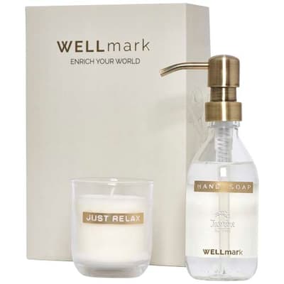 Promotional Wellmark Discovery 250 ml hand soap dispenser and 150 g scented candle set