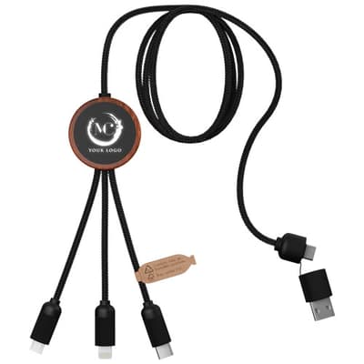 Branded SCX.design C37 40W 5-in-1 rPET light-up logo charging cable with round wooden casing