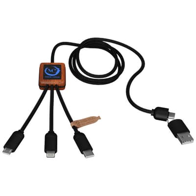 Branded SCX.design C38 40W 5-in-1 rPET light-up logo charging cable with squared wooden casing