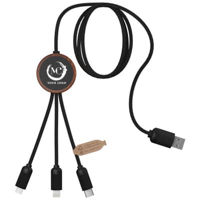Branded SCX.design C36 3-in-1 rPET light-up logo extended charging cable with round bamboo casing
