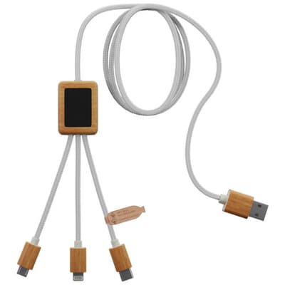 Branded SCX.design C39 3-in-1 rPET light-up logo charging cable with squared bamboo casing
