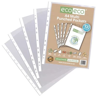 Eco-Eco 45 Micron A4 100% Recycled Multi Punched Pockets (UK Stock)