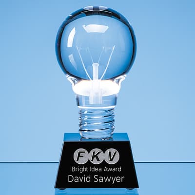 Branded 6.5cm Dia Optical Crystal Lightbulb Award Mounted on an Onyx Black Crystal Base