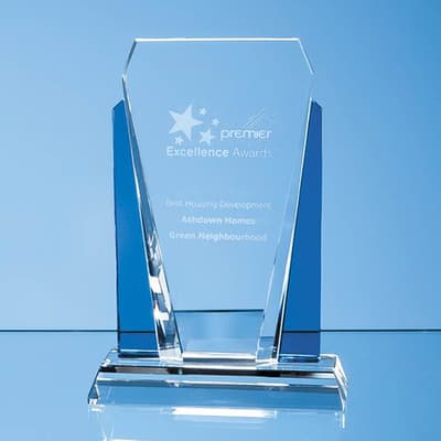 Promotional 17.5cm Clear & Sapphire Blue Optical Crystal Sentinel Award