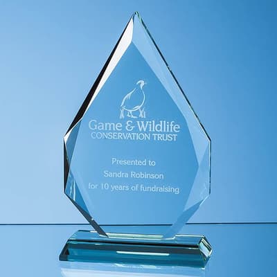 Custom Printed 15cm x 10.5cm x 19mm Jade Glass Facetted Diamond Peak Award