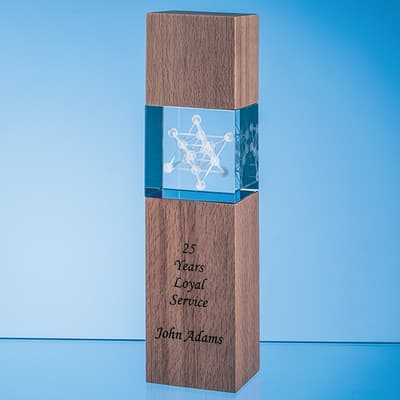 Promotional 24cm Wood & Optical Crystal Square Column Award