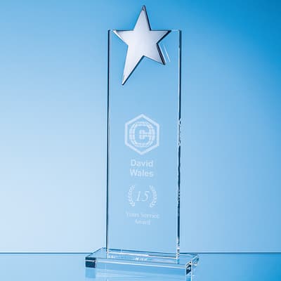 Promotional 25.5cm Optical Crystal Mounted Rectangle with Silver Star