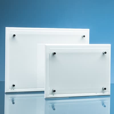 Custom Printed 17.5cm x 22.5cm x 5mm Clear Glass Rectangle mounted on a 17mm Thick White Wood Plaque