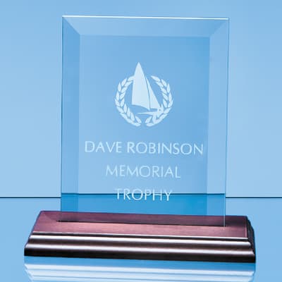 Custom Printed 18cm x 12.5cm x 5mm Jade Glass Bevelled Rectangle on Wood Base
