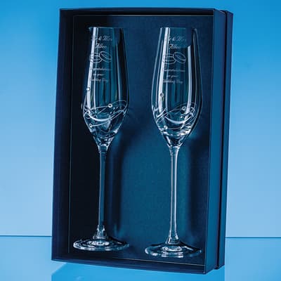 Custom Printed 2 Diamante Champagne Flutes with Elegance Spiral Cutting in an attractive Gift Box