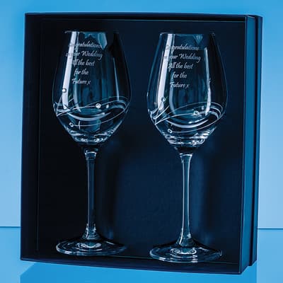 Custom Printed 2 Diamante Wine Glasses with Elegance Spiral Cutting in an attractive Gift Box