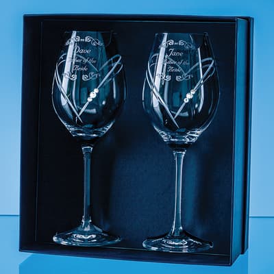 Custom Printed 2 Diamante Wine Glasses with Heart Shaped Cutting in an attractive Gift Box