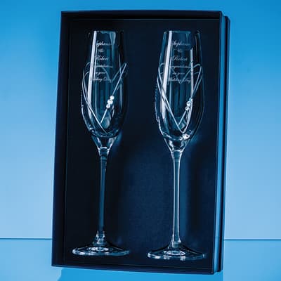 Custom Printed 2 Diamante Champagne Flutes with Heart Shaped Cutting in an attractive Gift Box
