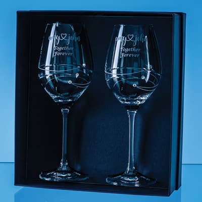 Custom Printed 2 Diamante Wine Glasses with Spiral Design Cutting in an attractive Gift Box