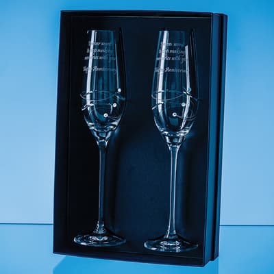 Custom Printed 2 Diamante Champagne Flutes with Spiral Design Cutting in an attractive Gift Box