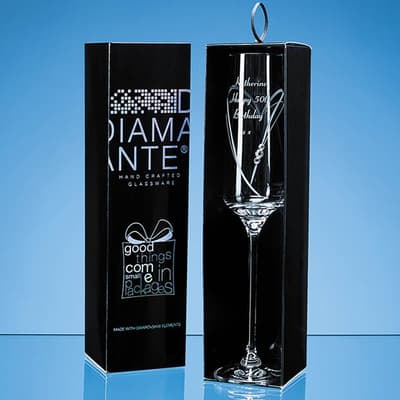 Custom Printed Just For You Diamante Champagne Flute with Heart Shaped Cutting in an attractive Gift Box