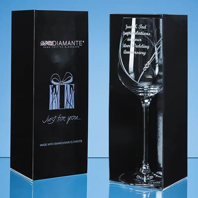 Custom Printed Just For You Diamante Wine Glass with Heart Shaped Cutting in an attractive Gift Box